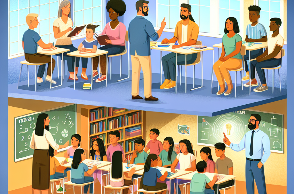 This image is divided into two horizontal sections. The top section shows a group of diverse adults and children in a classroom setting under the banner "TIERS OF RESPONCE TO INTERVIENATION." There are several adults engaged in discussions with children at individual desks, indicating a targeted or specialized educational intervention. The bottom section depicts a more traditional classroom setting with a larger group of students seated at desks, listening to a teacher who is instructing from the front of the class. A second teacher is also present, pointing to an illustration of a light bulb on the chalkboard, symbolizing new ideas or understanding. The room is well-lit and bookshelves filled with books line the back wall.